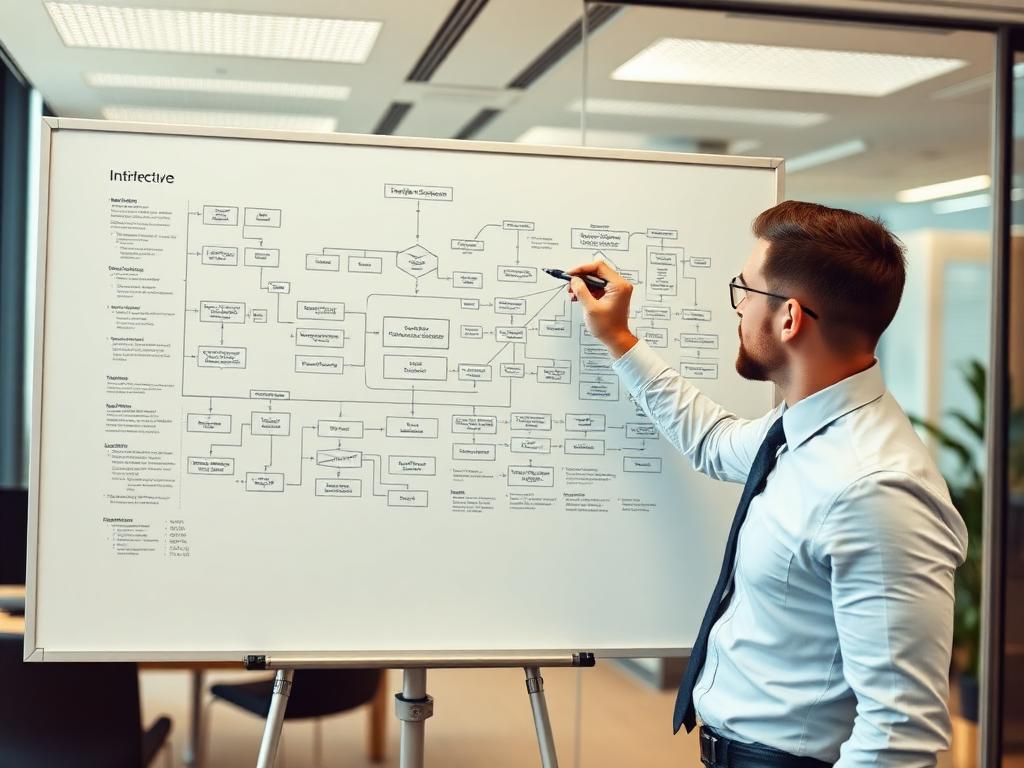 Profissional desenhando diagrama de sistemas em quadro branco